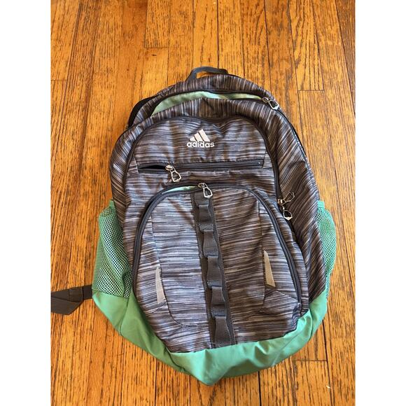 Adidas Backpack Gray Green Multi-Compartment Mesh Pockets School Travel Bag - Picture 1 of 5